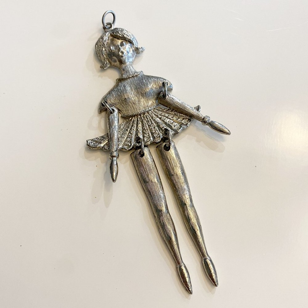 Vintage Large Moveable Silver Tone Ballerina Necklace Charm